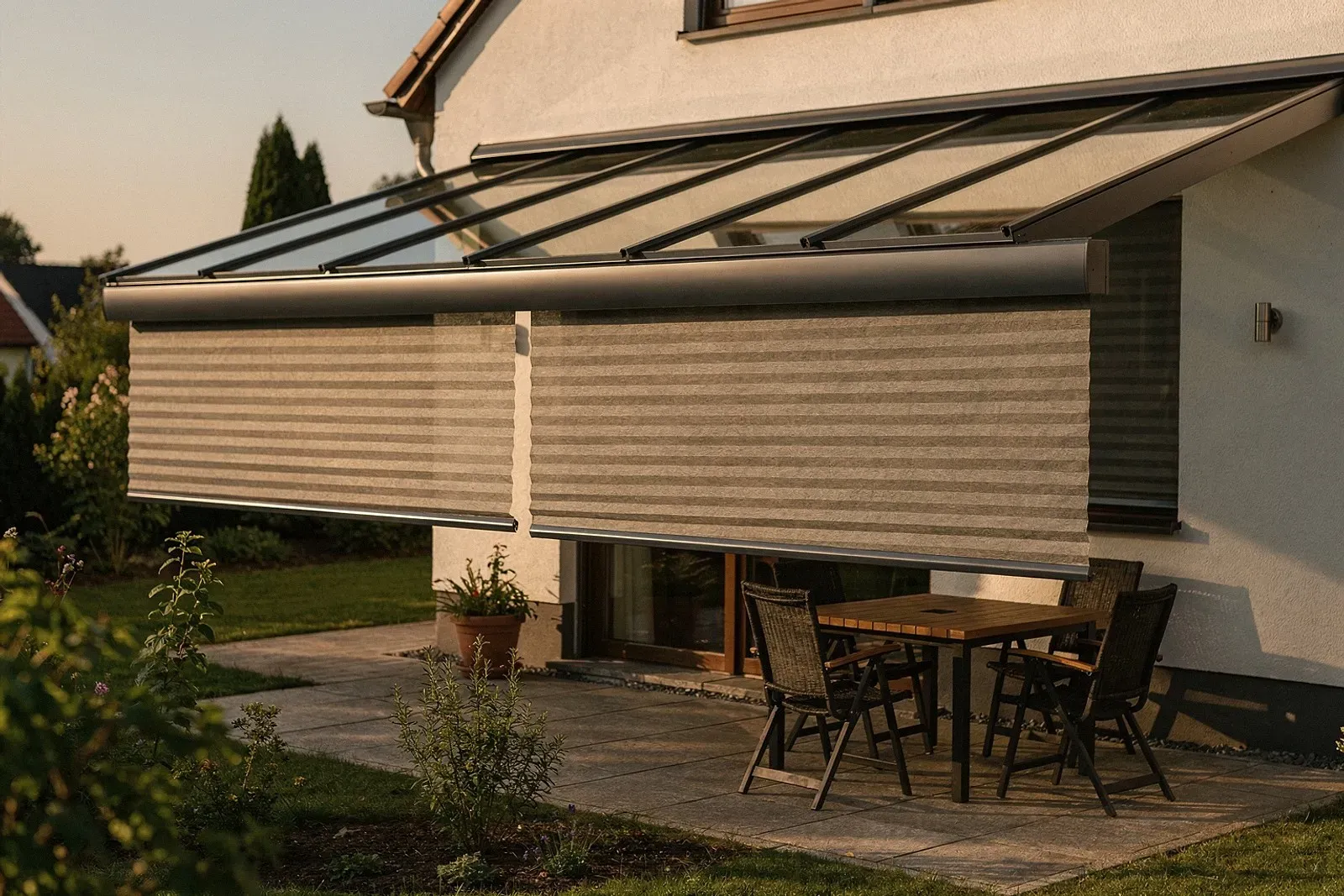 Terrassenüberdachung mit Beschattungssystem in Ulm